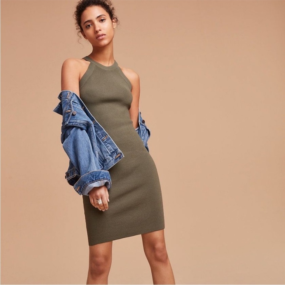 Aritzia Wilfred Free High Neck Ribbed Machado Mini Dress in Alligator Green